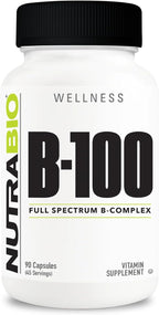 NutraBio B-100 – Complejo de Vitaminas B – Apoyo al Sistema Inmunológico, Cabello, Piel y Uñas – 90 Cápsulas Vegetales