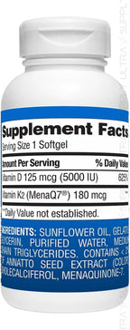 Vitamina K2 + D3 Cápsulas Blandas, 180 mcg y 125 mcg (5000 UI) | Apoyo para Huesos, Corazón e Inmunidad, con MenaQ7 MK-7