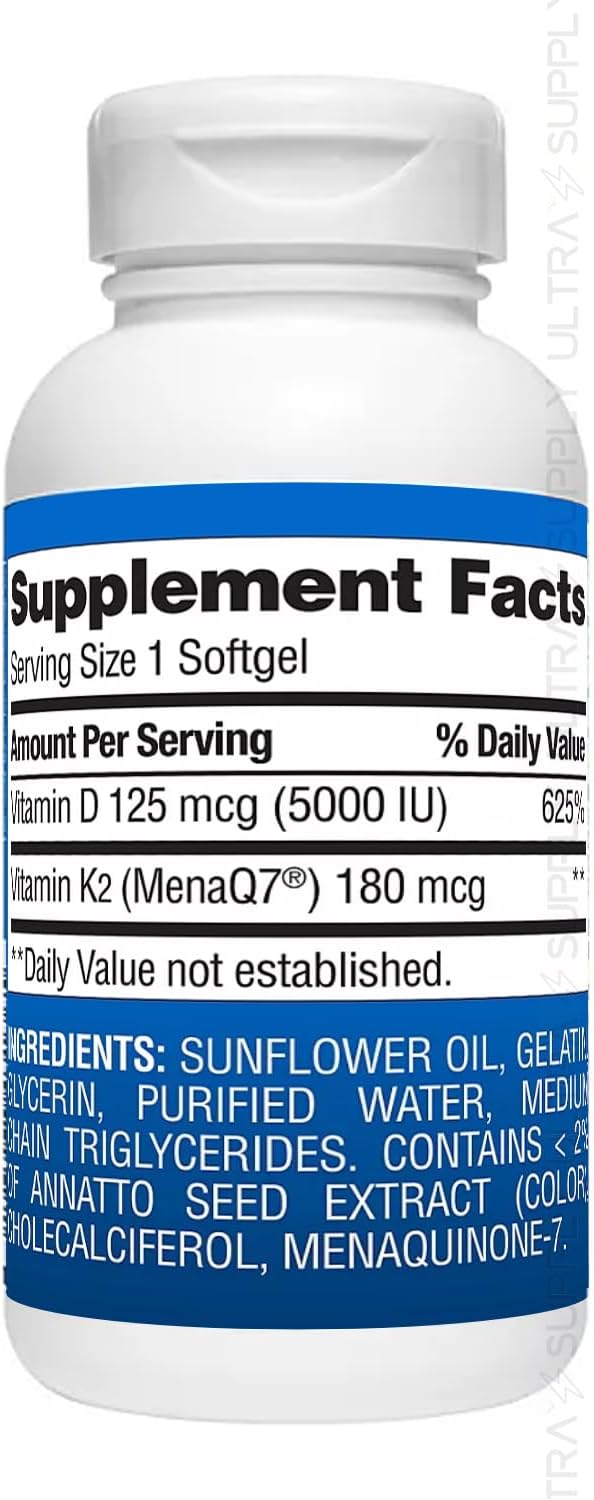 Vitamina K2 + D3 Cápsulas Blandas, 180 mcg y 125 mcg (5000 UI) | Apoyo para Huesos, Corazón e Inmunidad, con MenaQ7 MK-7