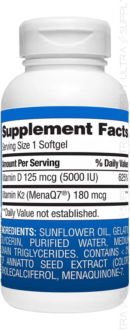 Vitamina K2 + D3 Cápsulas Blandas, 180 mcg y 125 mcg (5000 UI) | Apoyo para Huesos, Corazón e Inmunidad, con MenaQ7 MK-7 – Image 2