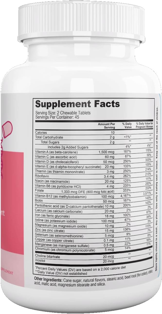 Nutri Supreme Vitaminas Prenatales Masticables – 800 mcg de Folato y Hierro – Sabor Cereza – 90 Comprimidos