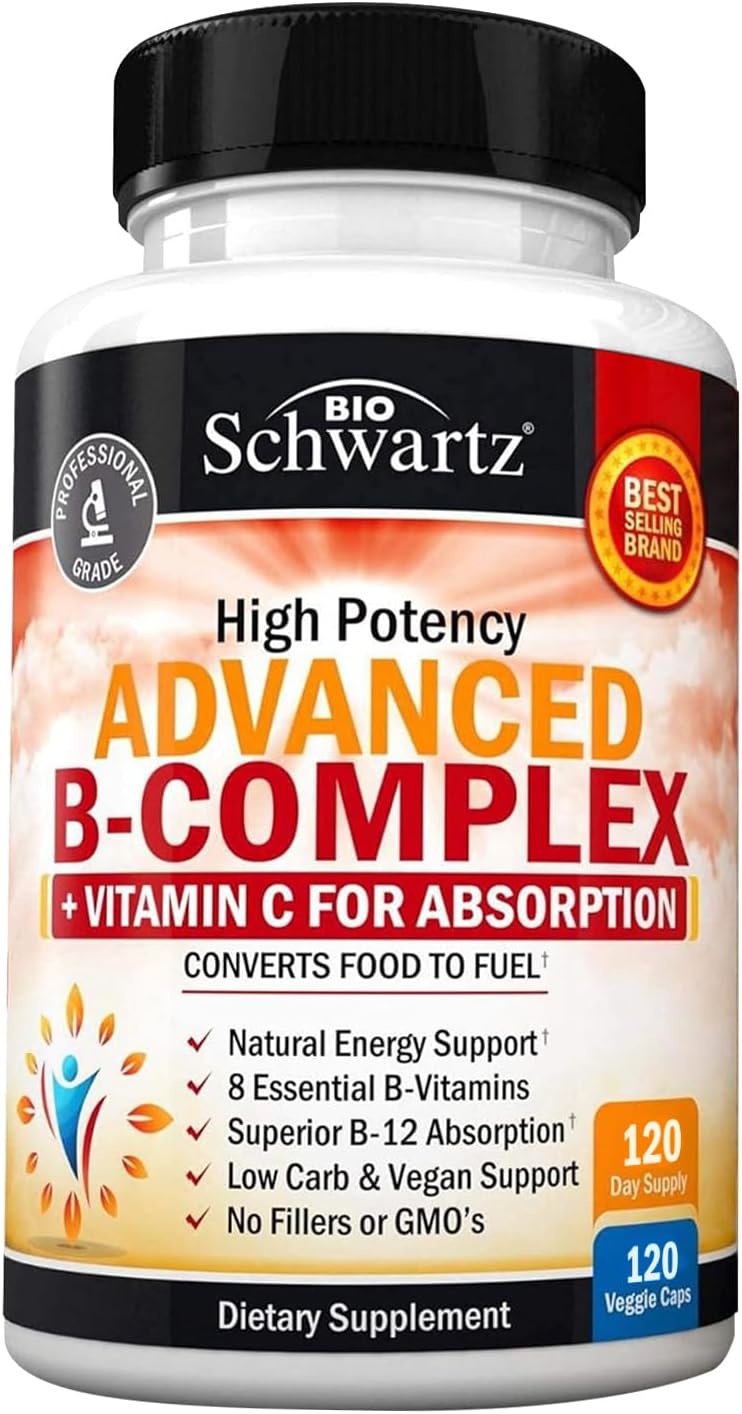 Complejo B con Vitamina C para Máxima Absorción – Metilcobalamina B12 y Folato – B1 B2 B3 B5 B6 B7 B9 – Apoyo Energético e Inmunológico – Sin OGM, 120 Cápsulas