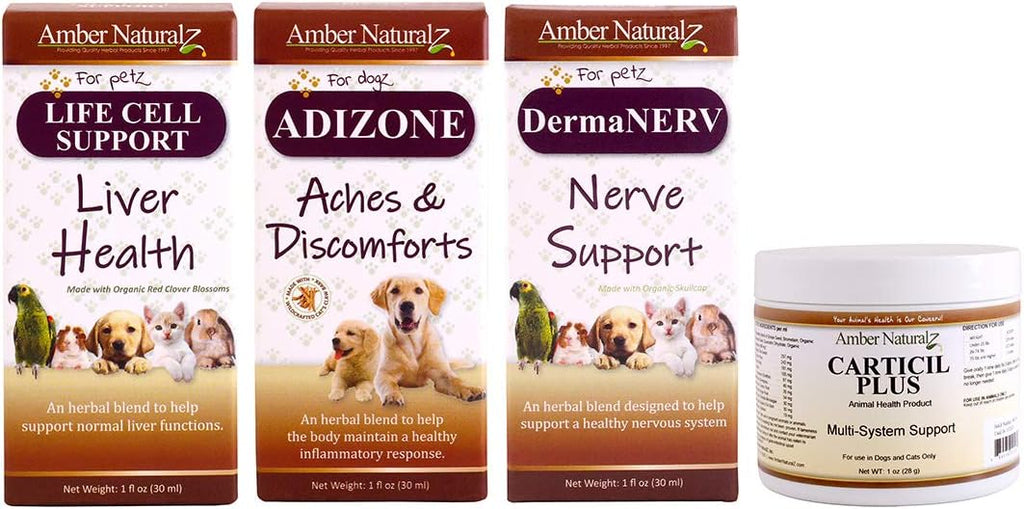 Kit de Cuidado para Perros Mayores Amber NaturalZ con Suplementos Herbales Adizone, Cartricil Plus, DermaNERV y Life Cell - Incluye Bolsa, Botella de Agua, Kit de Vendas y Comederos