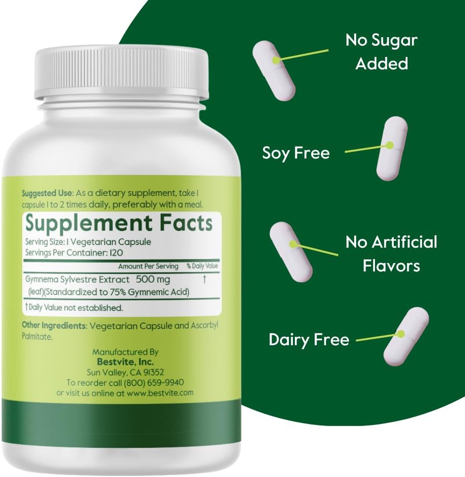 BESTVITE Gymnema Sylvestre 500mg (120 Cápsulas Vegetarianas) - Estandarizado al 75% de Ácido Gimnémico - Sin Estearatos - Sin Cargas - Sin Agentes de Fluidez - Vegano - No GMO - Sin Gluten
