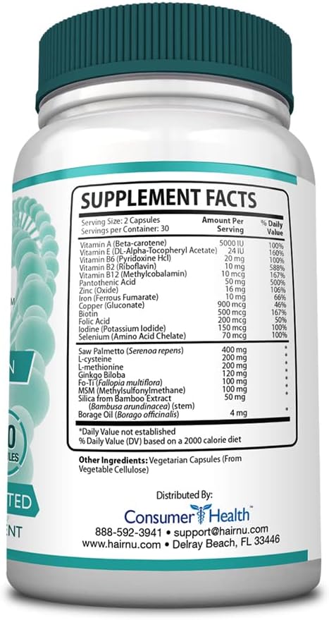 Solución natural para el crecimiento del cabello / Complemento alimenticio, 1 botella – 60 cápsulas