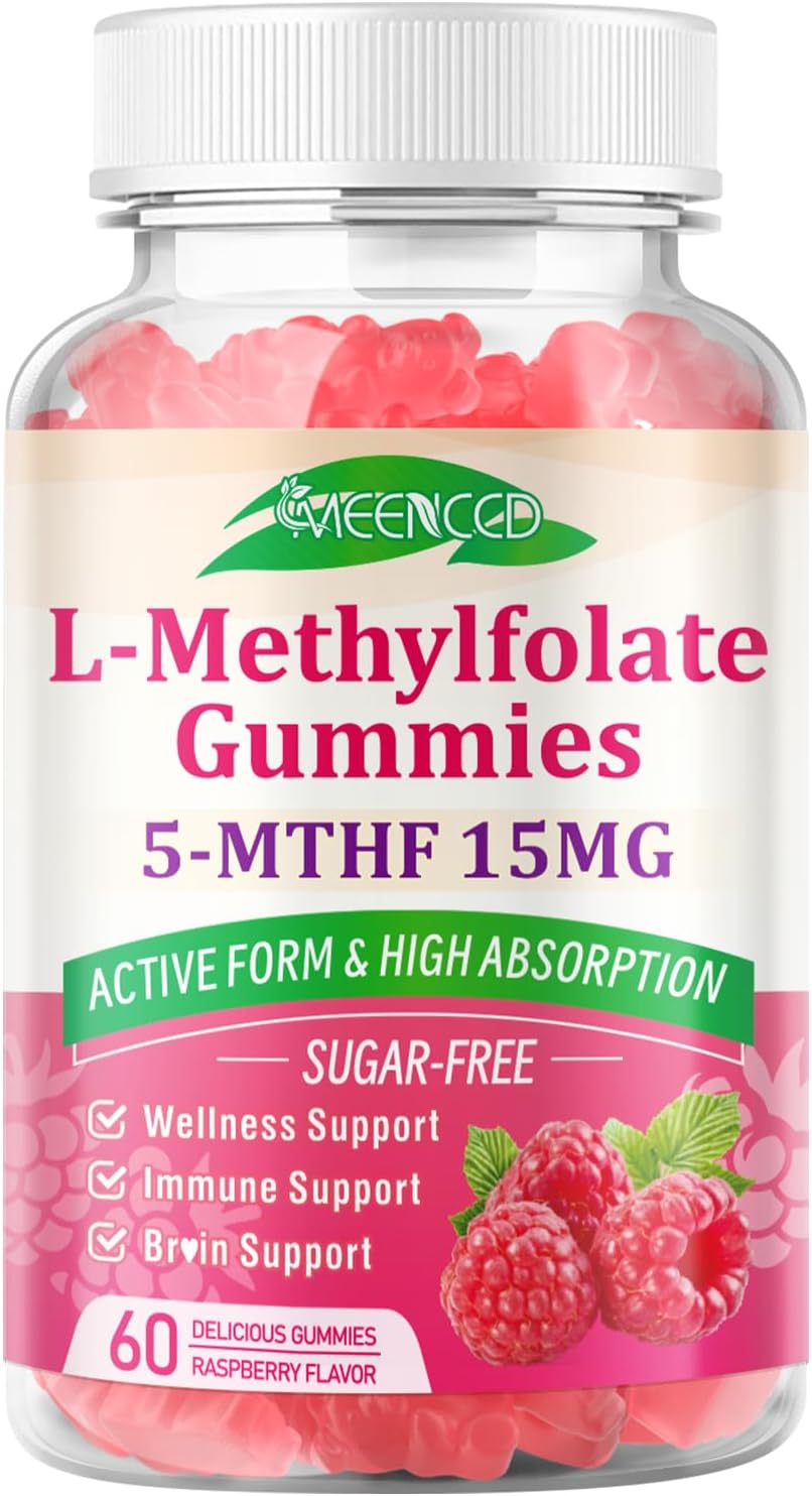 MEENCCD L-Methylfolate Gummies - Complemento de Metilfolato Activo 5-MTHF, 60 Gomitas Veganas Sabor Frambuesa