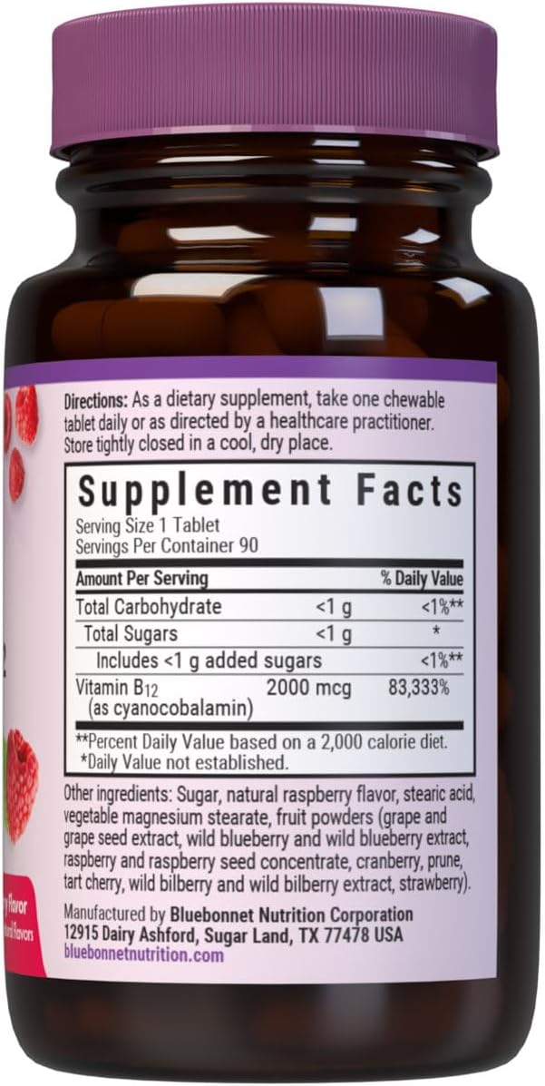 BlueBonnet Earth Sweet Vitamina B12 1000 mcg y Ácido Fólico 400 mcg - 90 Comprimidos Masticables - Vegano, Sin Gluten