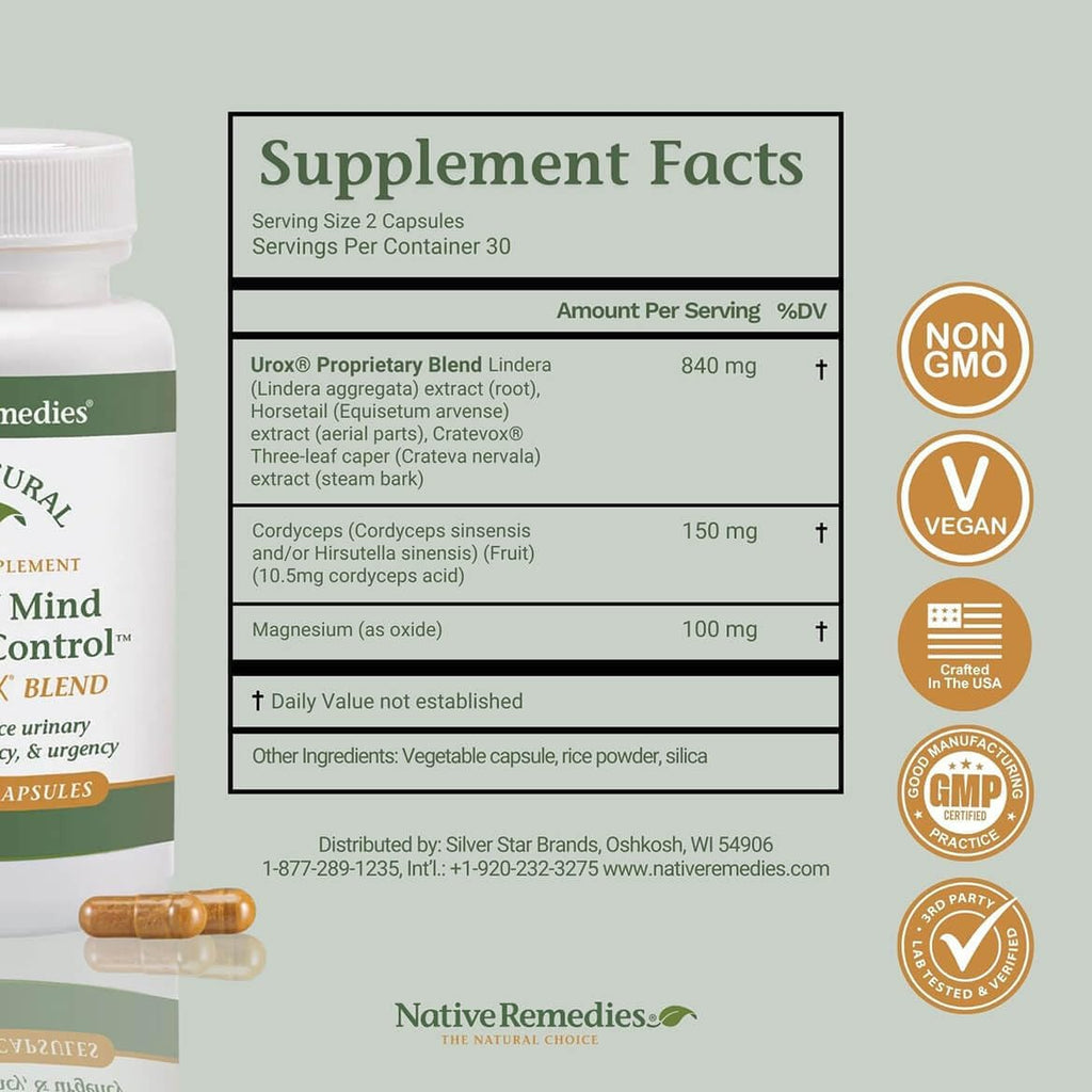 Native Remedies Urox - Suplemento para el Control de la Vejiga, 60 Cápsulas Veganas