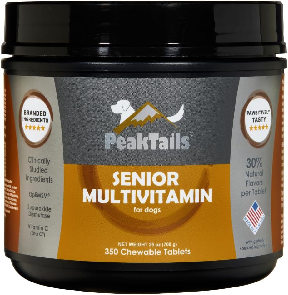 PeakTails Senior Multivitamin para Perros – 350 Comprimidos Masticables con MSM y Superóxido Dismutasa