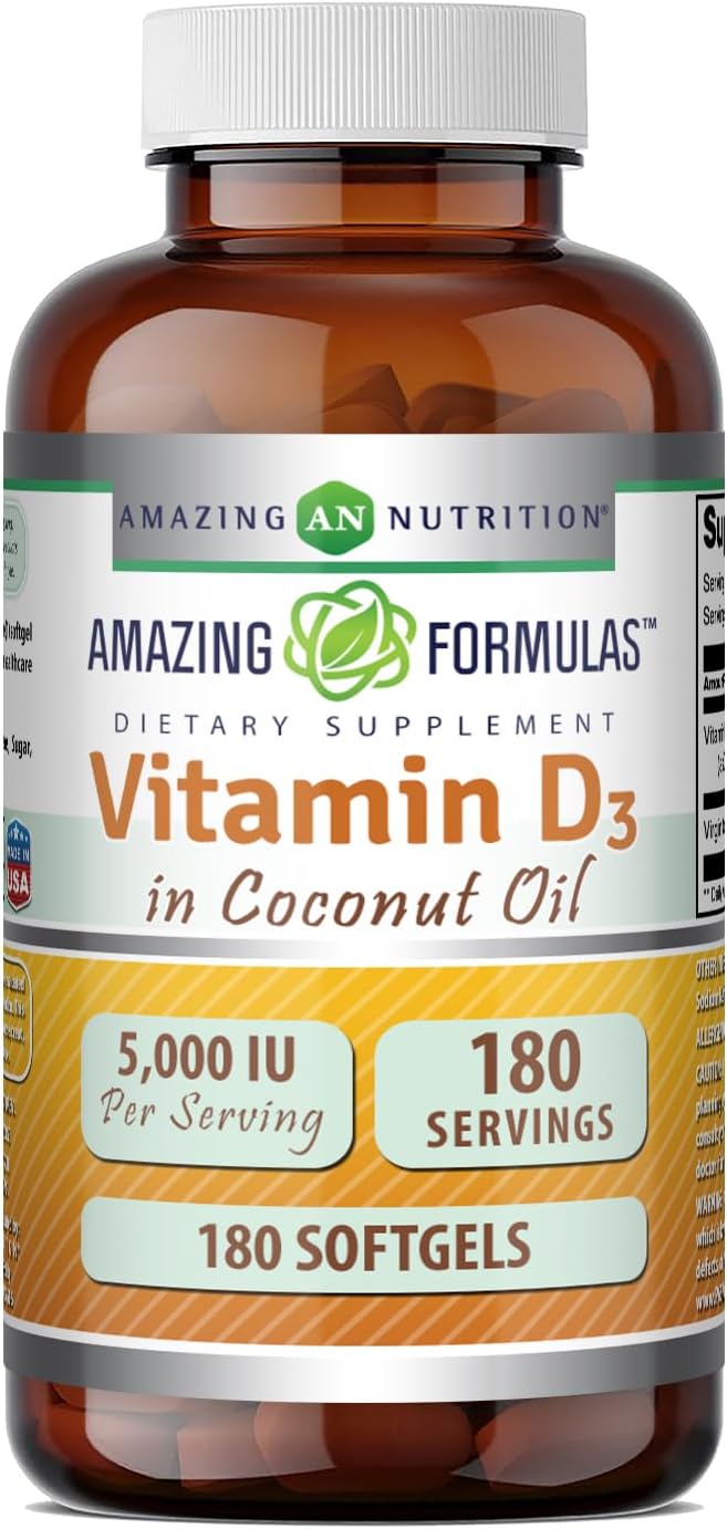 Vitamina D3 5000 IU en Aceite de Coco – 360 Cápsulas Blandas – Amazing Nutrition