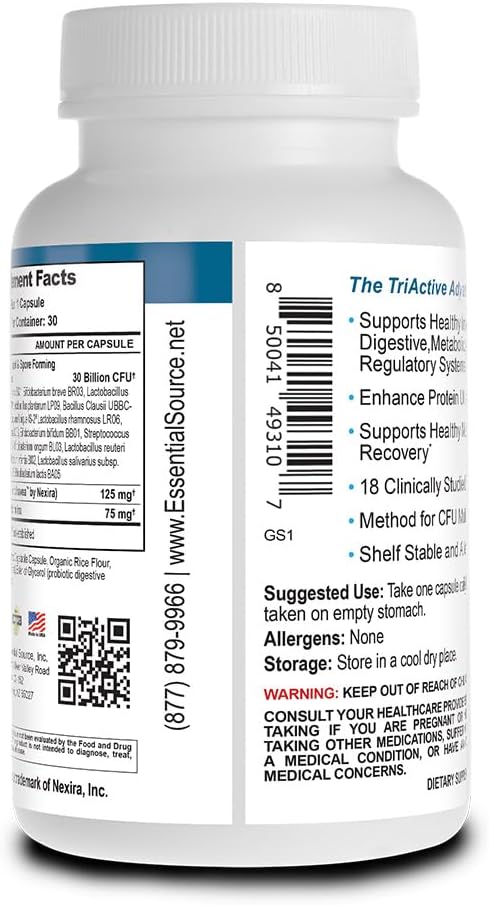 Essential Source TriActive Biotics for Men - Probiótico en Cápsulas, 30 mil millones UFC con Prebióticos y Espirulina Azul, Sin Conservación en Frío, Sin Alérgenos, 30 Cápsulas