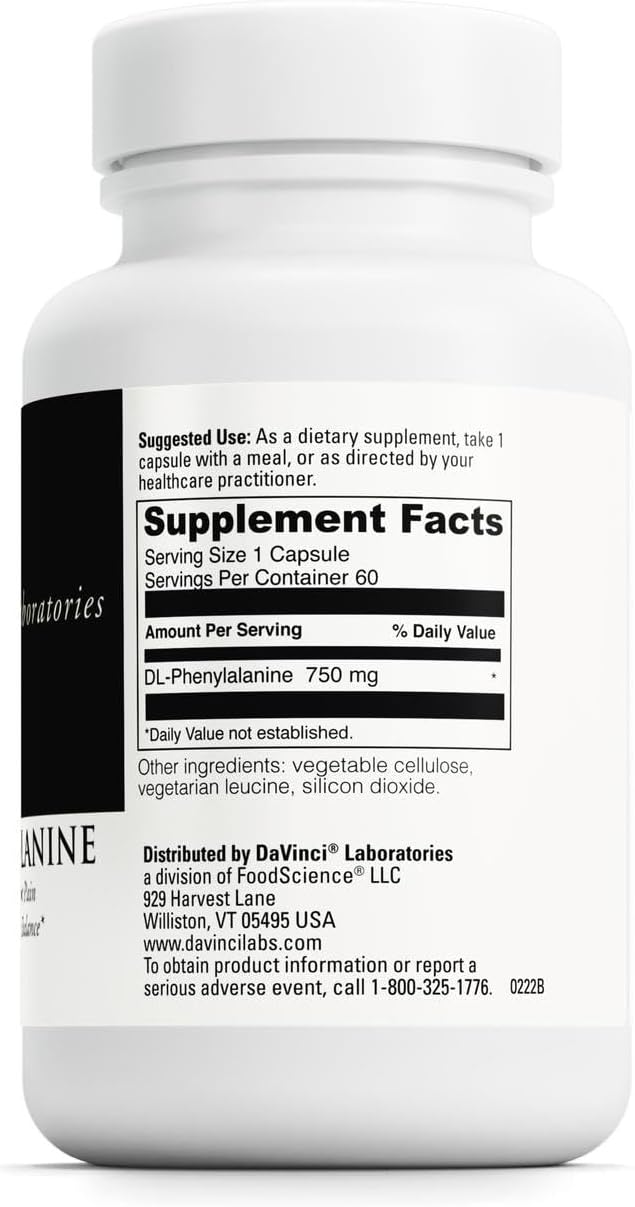 DAVINCI Labs DL-Phenylalanine, 750 mg, 60 Cápsulas Vegetarianas - Suplemento de Aminoácidos