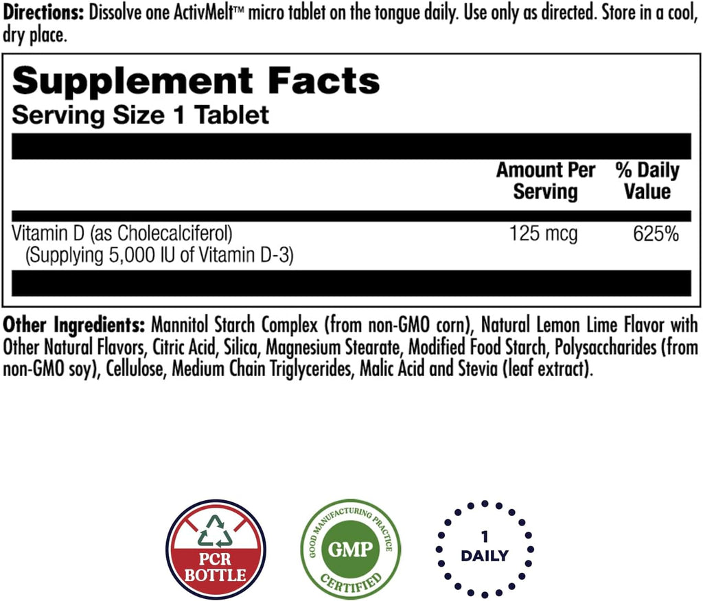 KAL Vitamina D3 5000 UI ActivMelt, Comprimidos Micro de Disolución Rápida, Sabor Limón-Lima Natural, 90 Comprimidos