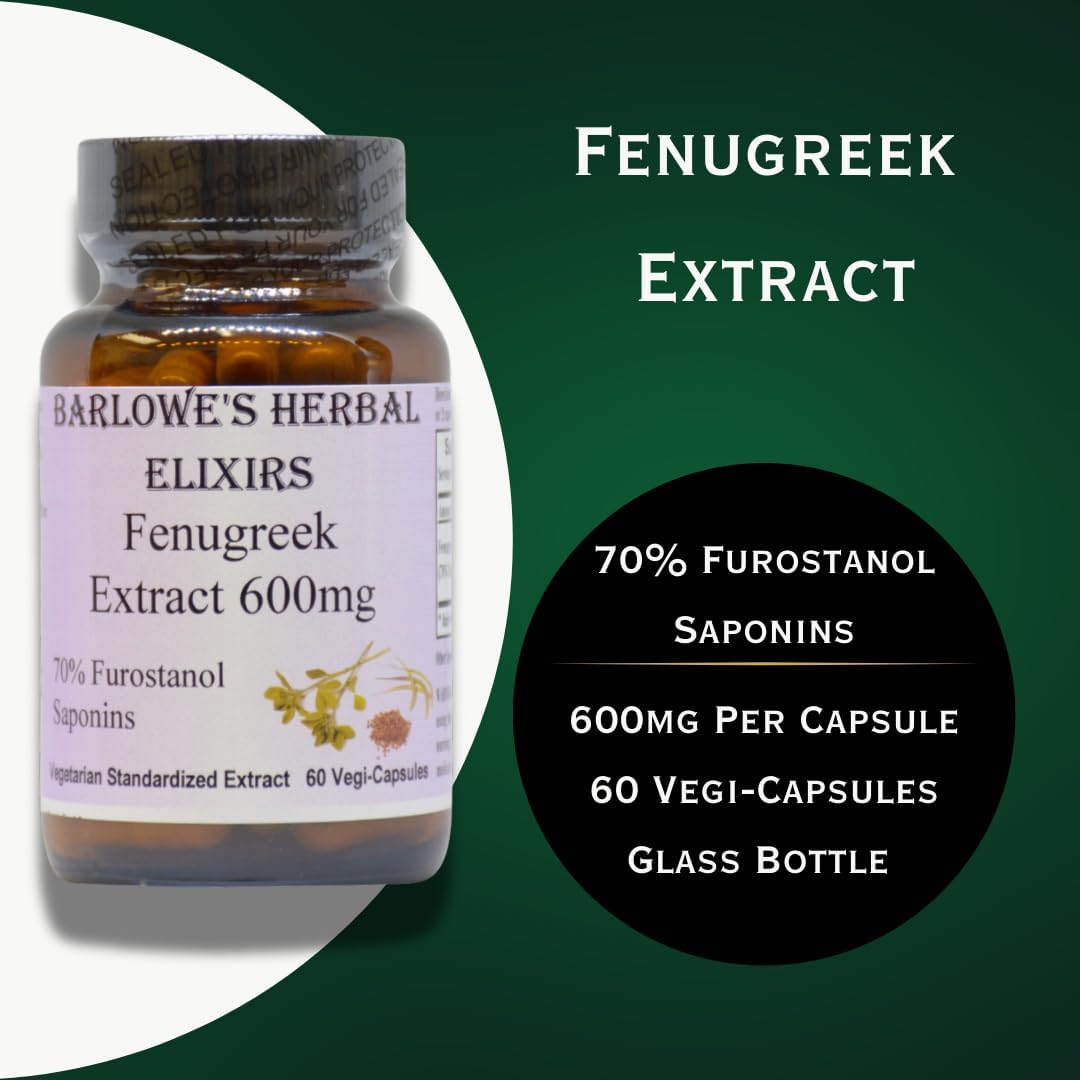 Extracto de Fenogreco Barlowe's Herbal Elixirs | 70% Furostanol Saponinas | 600 mg por Cápsula | 60 Cápsulas Vegetales | Sin OGM | Sin Estearatos | Frasco de Vidrio