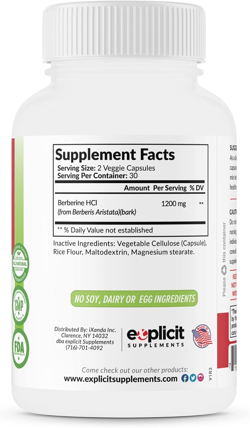 eXplicit Supplements Berberina HCl Natural 1200mg 60 Cápsulas