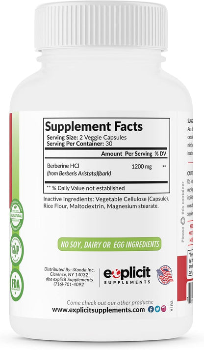 eXplicit Supplements Berberina HCl Natural – 1200 mg por dosis diaria recomendada (2 cápsulas) – Image 7