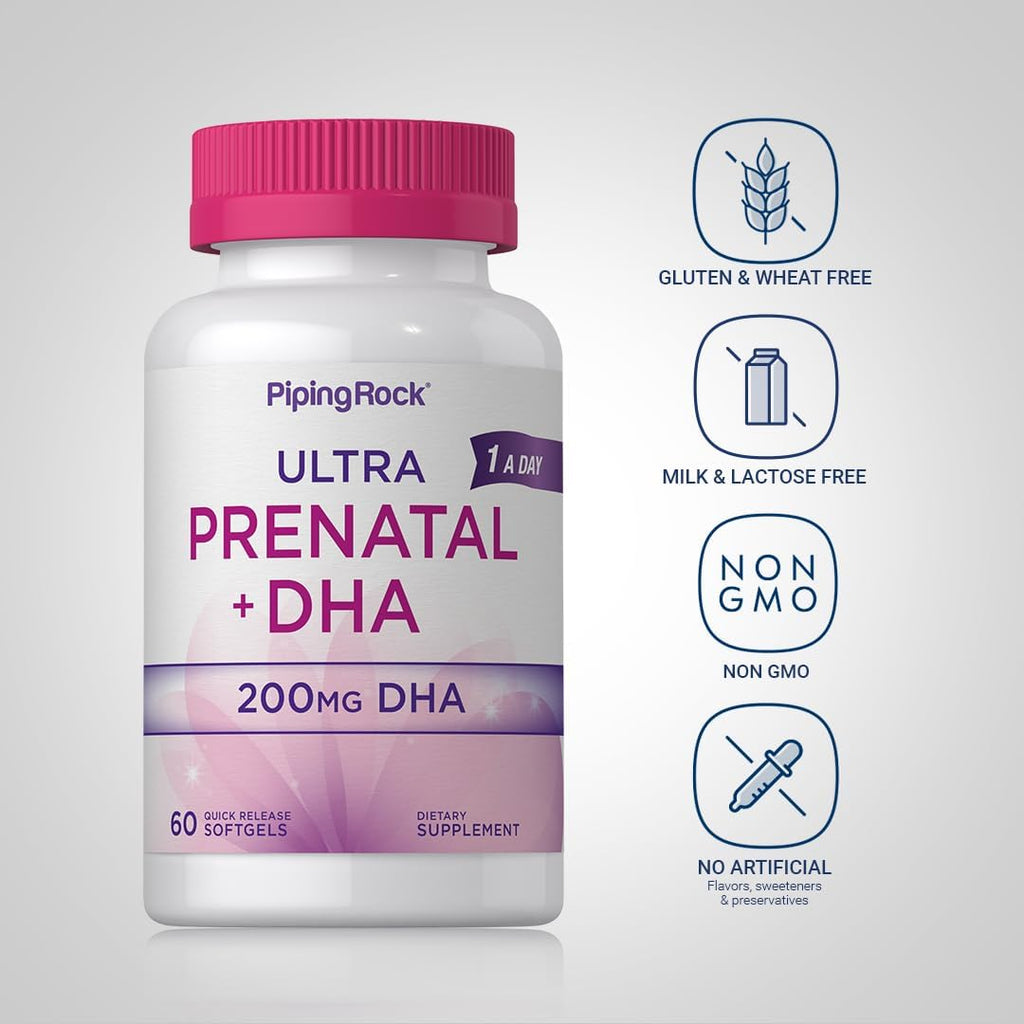 Piping Rock Vitaminas Prenatales con DHA | 60 Cápsulas Blandas | Multivitamínico con Hierro, Ácido Fólico, Omega 3 | Complejo Ultra | No Transgénico, Sin Gluten