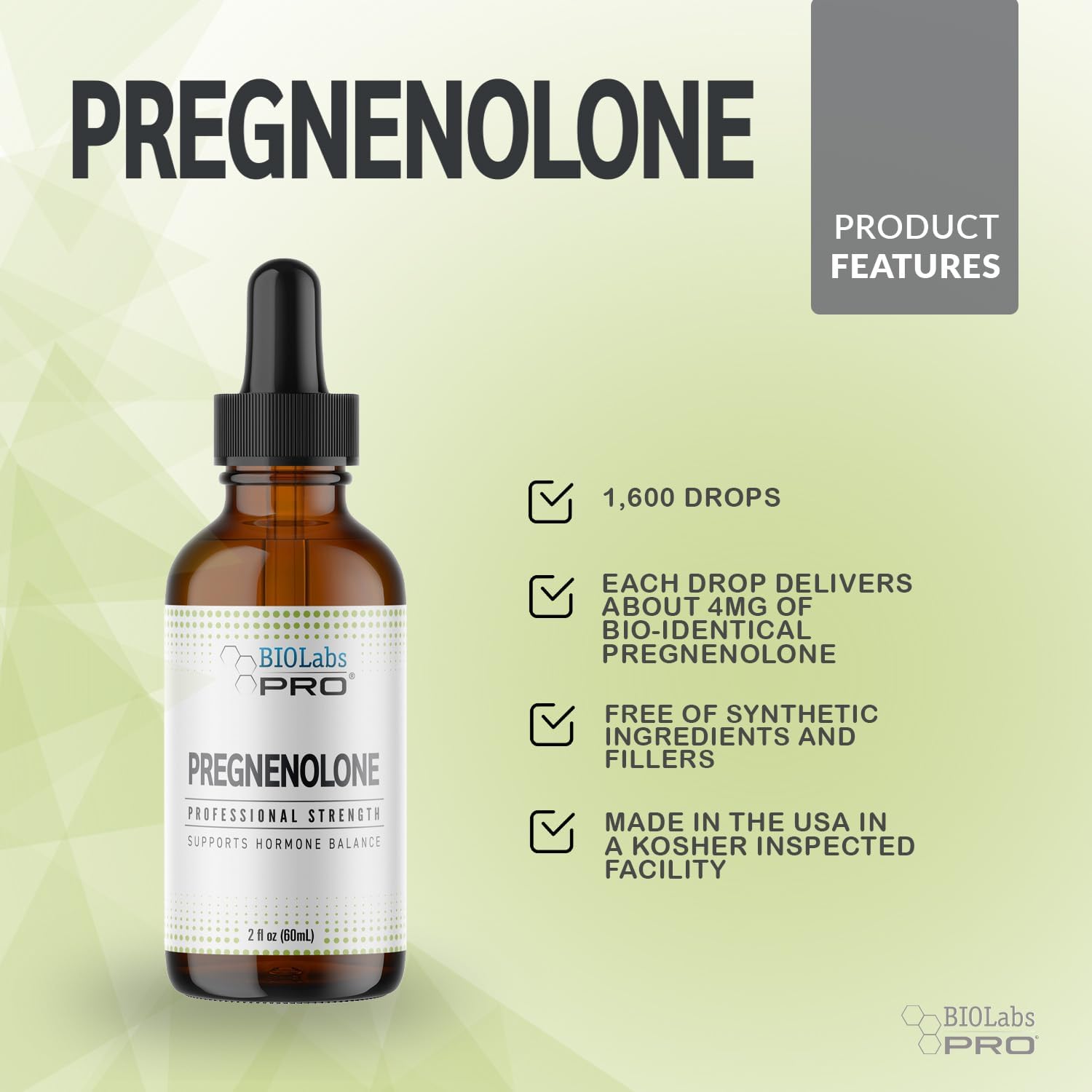 BIOLABS PRO Pregnenolona, Aceite Natural Bioidéntico de Pregnenolona, Ayuda a Mantener el Equilibrio Hormonal, 60ml - Suministro para 6 Meses
