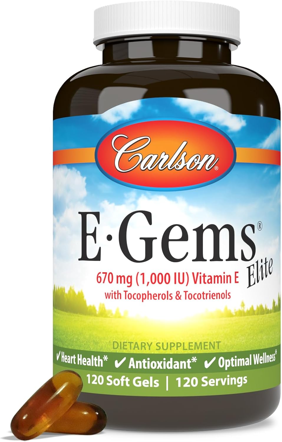 Carlson E-Gems Elite, Vitamina E 1000 UI con Tocoferoles y Tocotrienoles, Salud Cardiovascular y Bienestar Óptimo, Antioxidante, 120 Cápsulas
