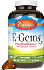 Carlson E-Gems Elite, Vitamina E 1000 UI con Tocoferoles y Tocotrienoles, Salud Cardiovascular y Bienestar Óptimo, Antioxidante, 120 Cápsulas