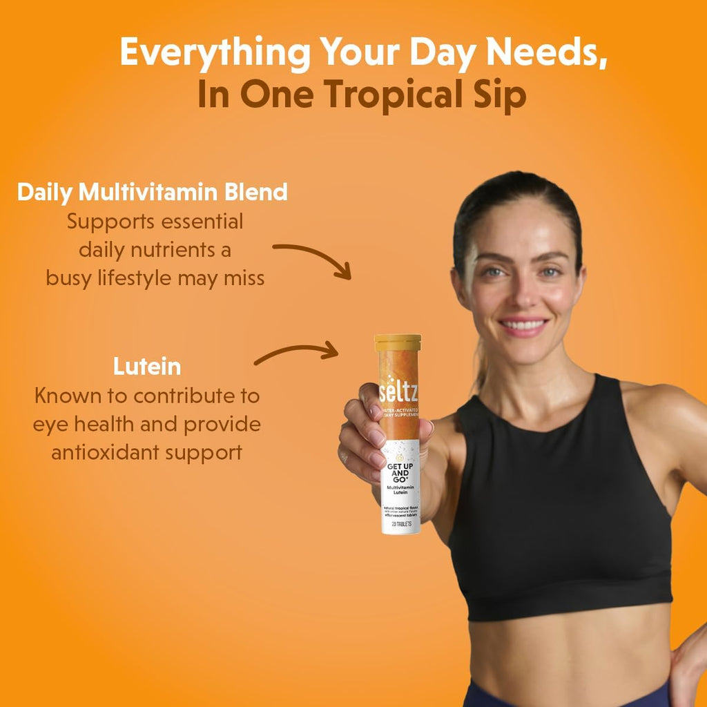 Seltz Multivitamínico en Comprimidos Efervescentes con Luteína, Antioxidante Diario y Apoyo a la Salud Ocular, Get Up and Go, Sabor Tropical, Se Disuelve en Agua, 120 Comprimidos, Paquete de 6