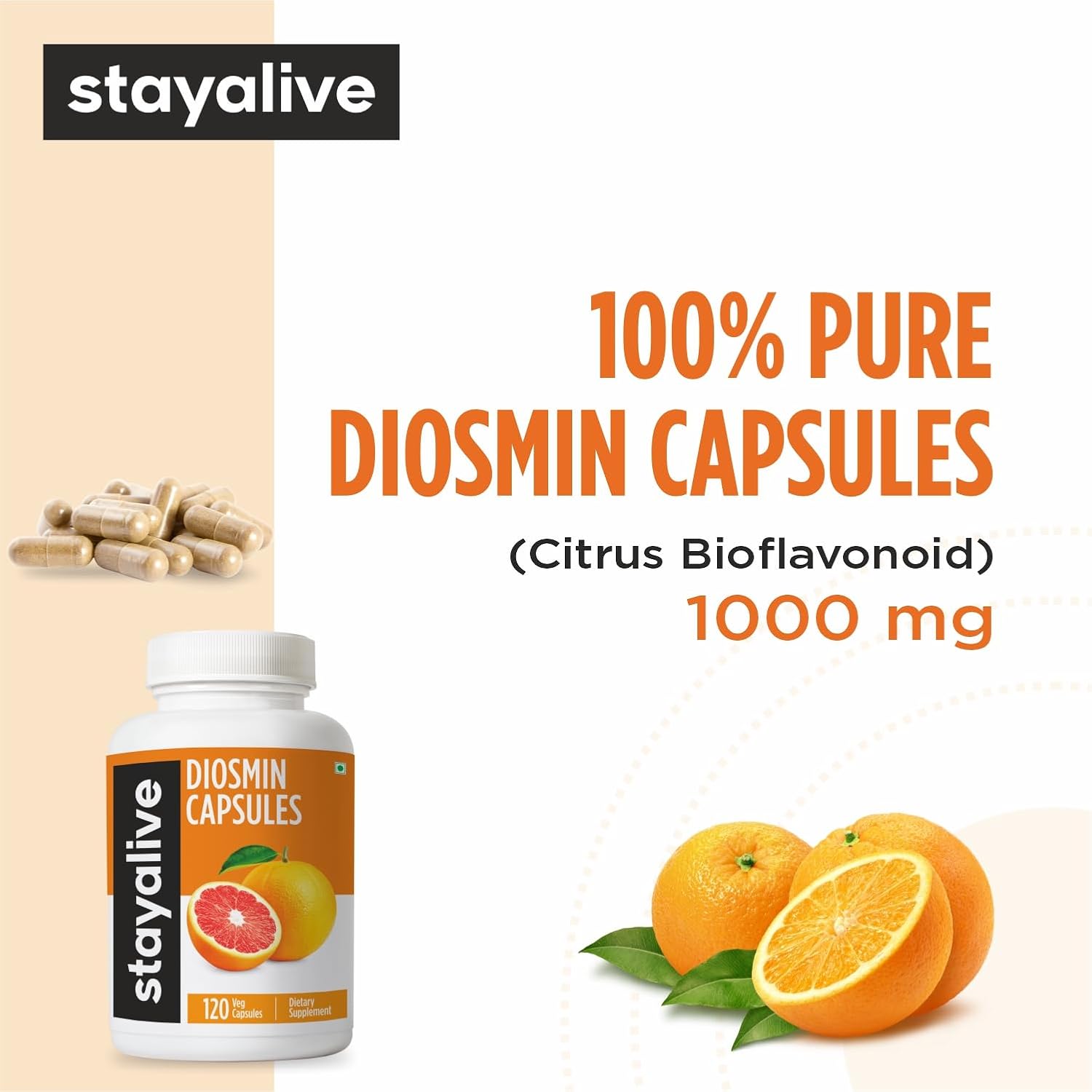 STAY ALIVE Pure Diosmin Complex 1000mg - 120 Cápsulas con Bioflavonoides Cítricos