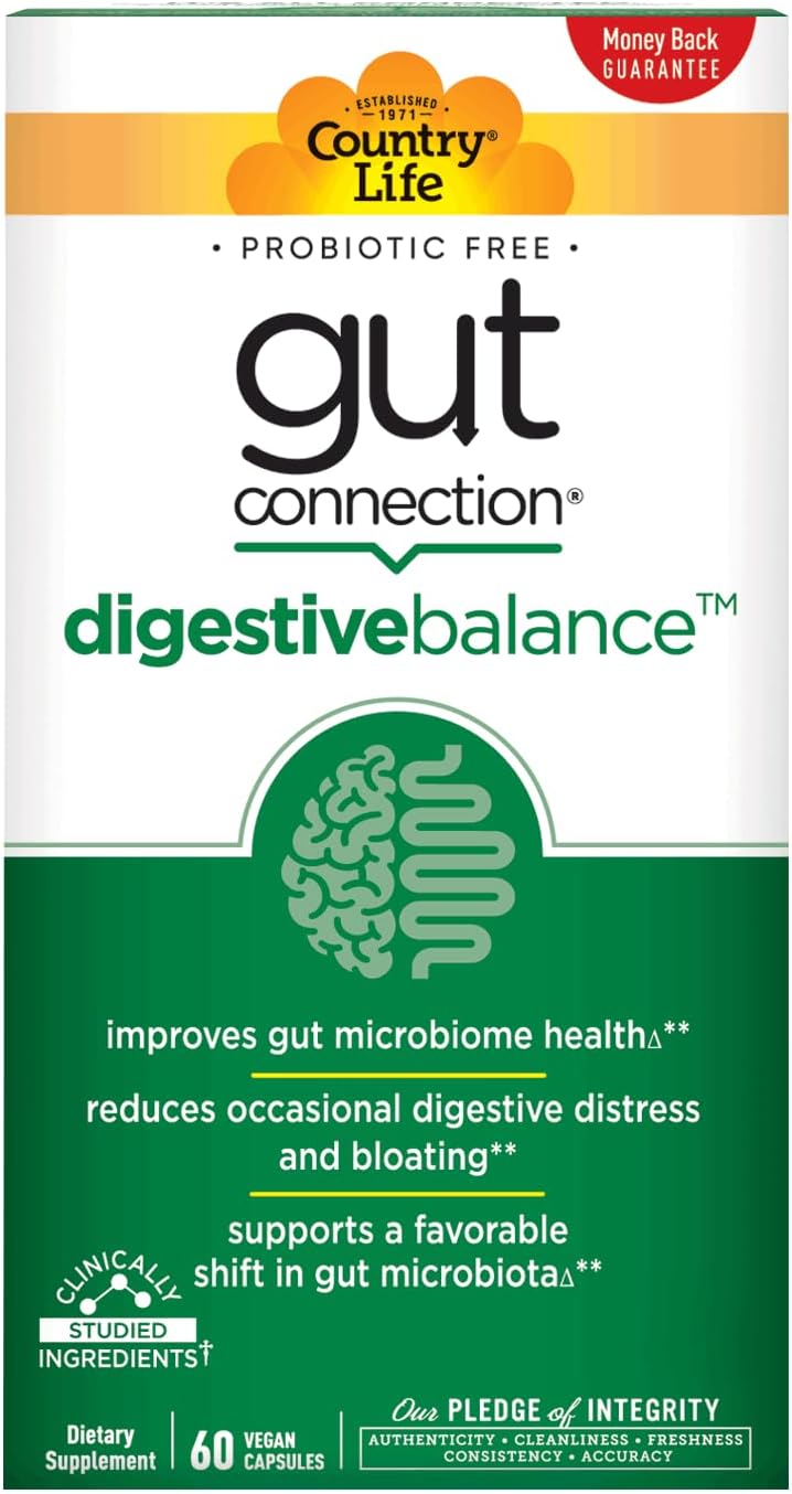 Country Life Gut Connection Digestive Balance – Prebiótico y Enzimas Digestivas para la Salud Intestinal, 60 Cápsulas