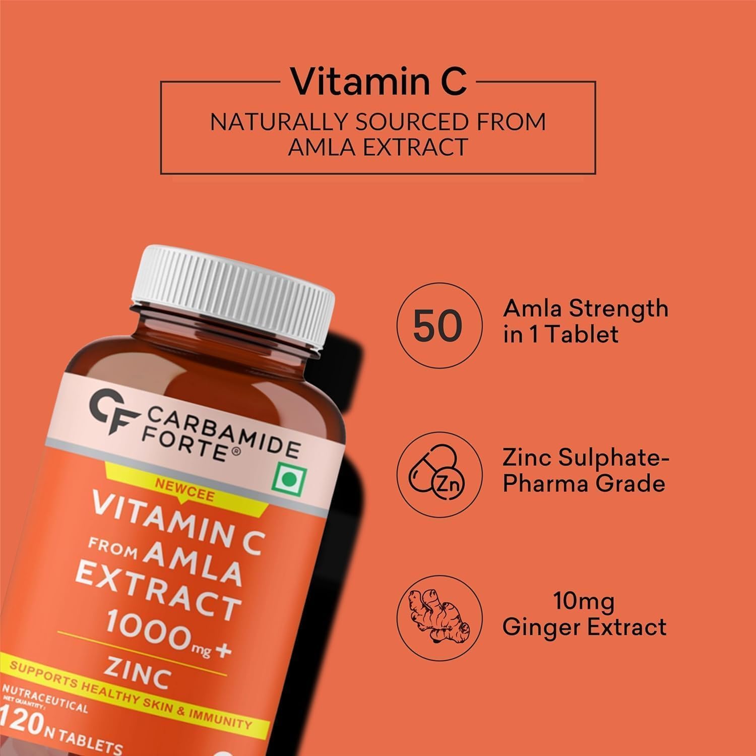 Vitamina C Natural de Amla con Zinc - 120 Comprimidos Vegetales
