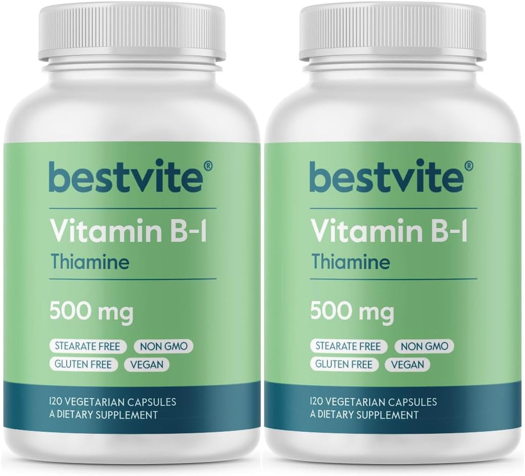 BESTVITE Vitamina B-1 (Tiamina) 500 mg - 120 Cápsulas Vegetales - Vegano - Sin Estearatos - No GMO - Sin Gluten