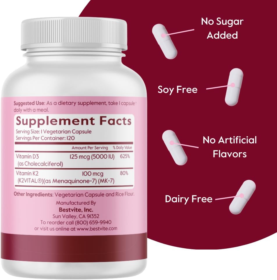 BESTVITE Vitamina D3 5000 UI + K2 100 mcg MK-7 (120 Cápsulas Vegetarianas) - Vegano - Sin Estearatos - No GMO - Sin Gluten
