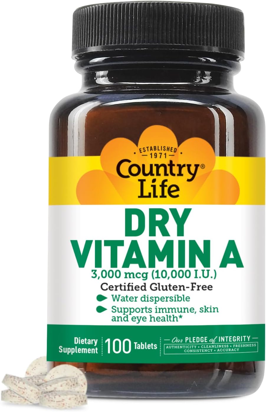 Country Life Vitamina A 10.000 UI - Apoyo Inmunológico, Salud de la Piel y Ojos - 50% Betacaroteno y 50% Palmitato de Retinilo - 100 Comprimidos