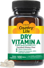 Country Life Vitamina A 10.000 UI - Apoyo Inmunológico, Salud de la Piel y Ojos - 50% Betacaroteno y 50% Palmitato de Retinilo - 100 Comprimidos