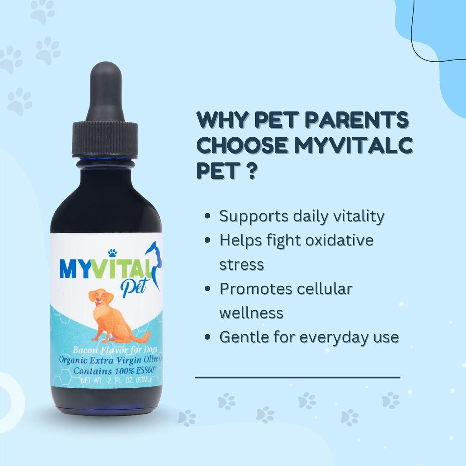 ESS60 Aceite de Oliva Virgen Extra Orgánico con Sabor Bacon para Perros - Complemento Alimenticio para Flexibilidad, Energía e Inmunidad (60 ml)