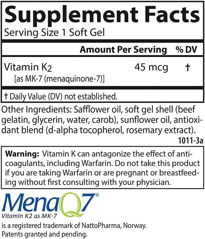 Carlson Vitamina K2 MK-7 (Menaquinona), 45 mcg, 90 Cápsulas Blandas