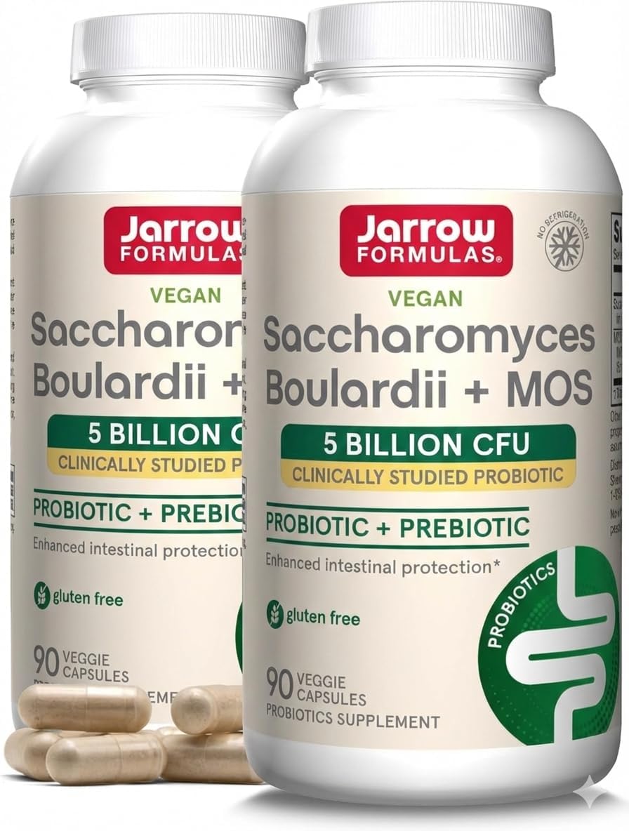 Jarrow Formulas Saccharomyces Boulardii + MOS - 5 Mil Millones de Organismos Viables - 90 Cápsulas Veganas de Liberación Retardada (2 Envases)
