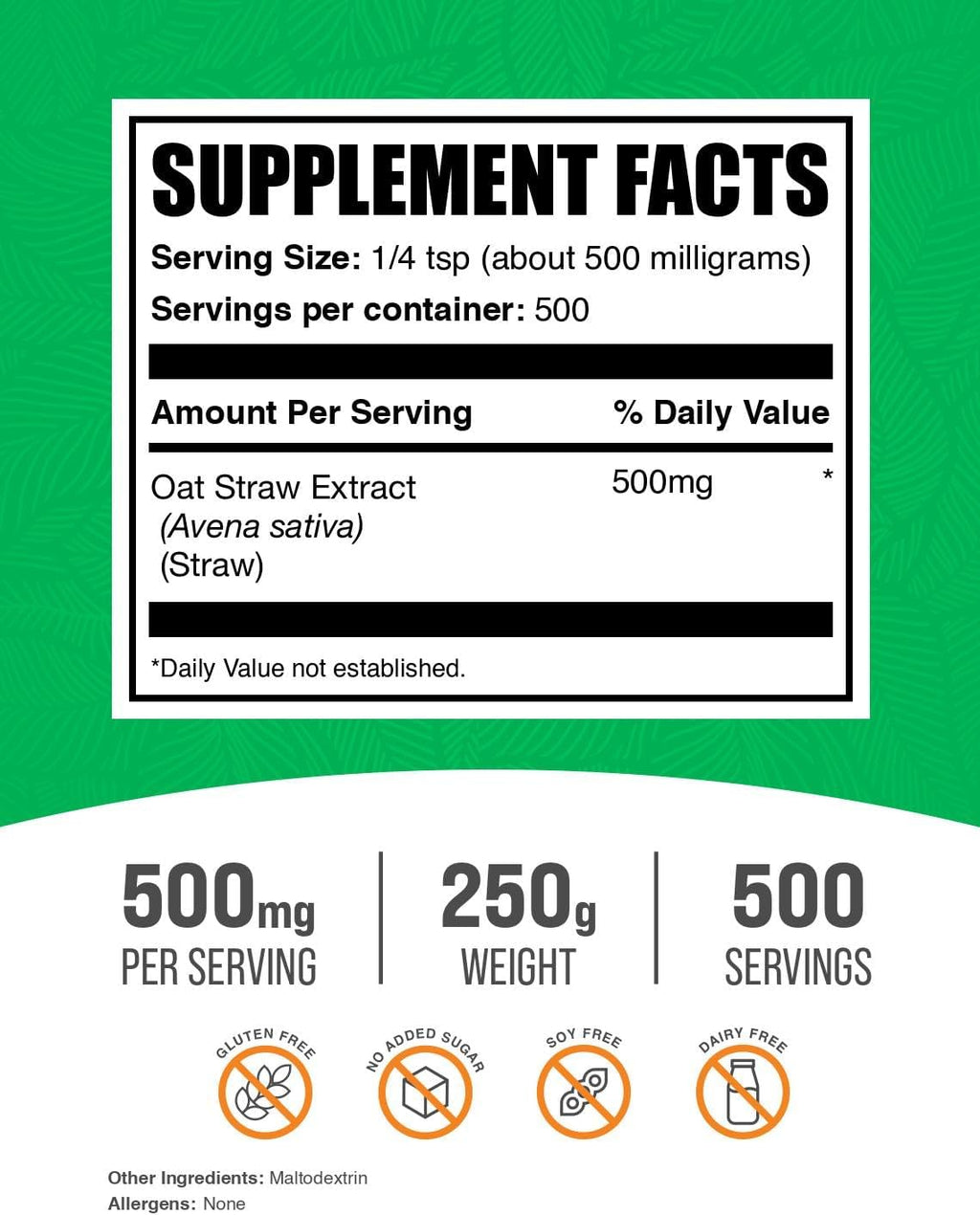 Polvo de Extracto de Paja de Avena – Avena Sativa, 500mg por Porción, 250g