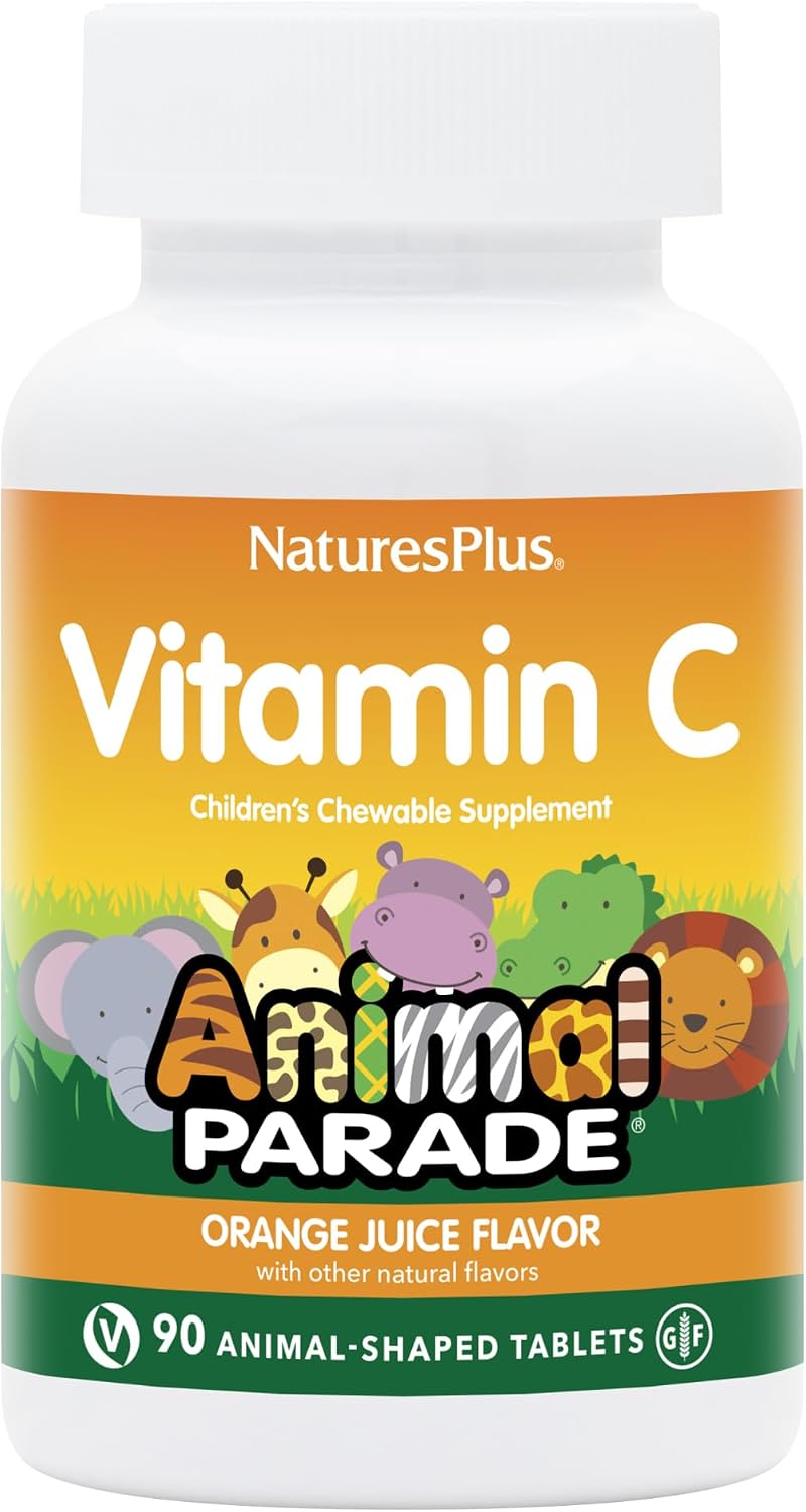 NaturesPlus Animal Parade Vitamina C Masticable para Niños - Sabor Natural a Naranja - 90 Comprimidos con Forma de Animal, Pack de 4 - Vegano, Vegetariano, Sin Gluten - 180 Dosis
