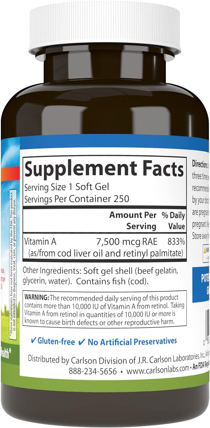 Carlson Vitamina A 25.000 UI, 250 Cápsulas Blandas