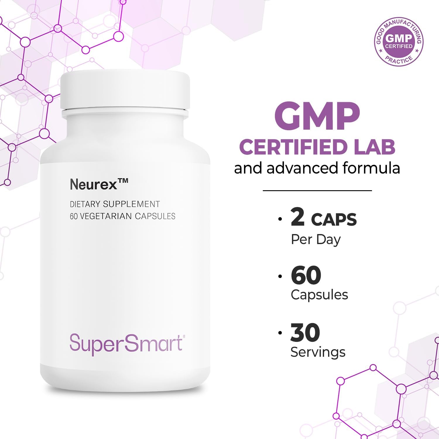 Supersmart - Neurex - Suplemento para la memoria y agilidad mental | Fórmula con Ginkgo Biloba, Bacopa Monnieri, GPC y Huperzina A | Sin OMG, sin gluten, vegano - 60 cápsulas vegetales