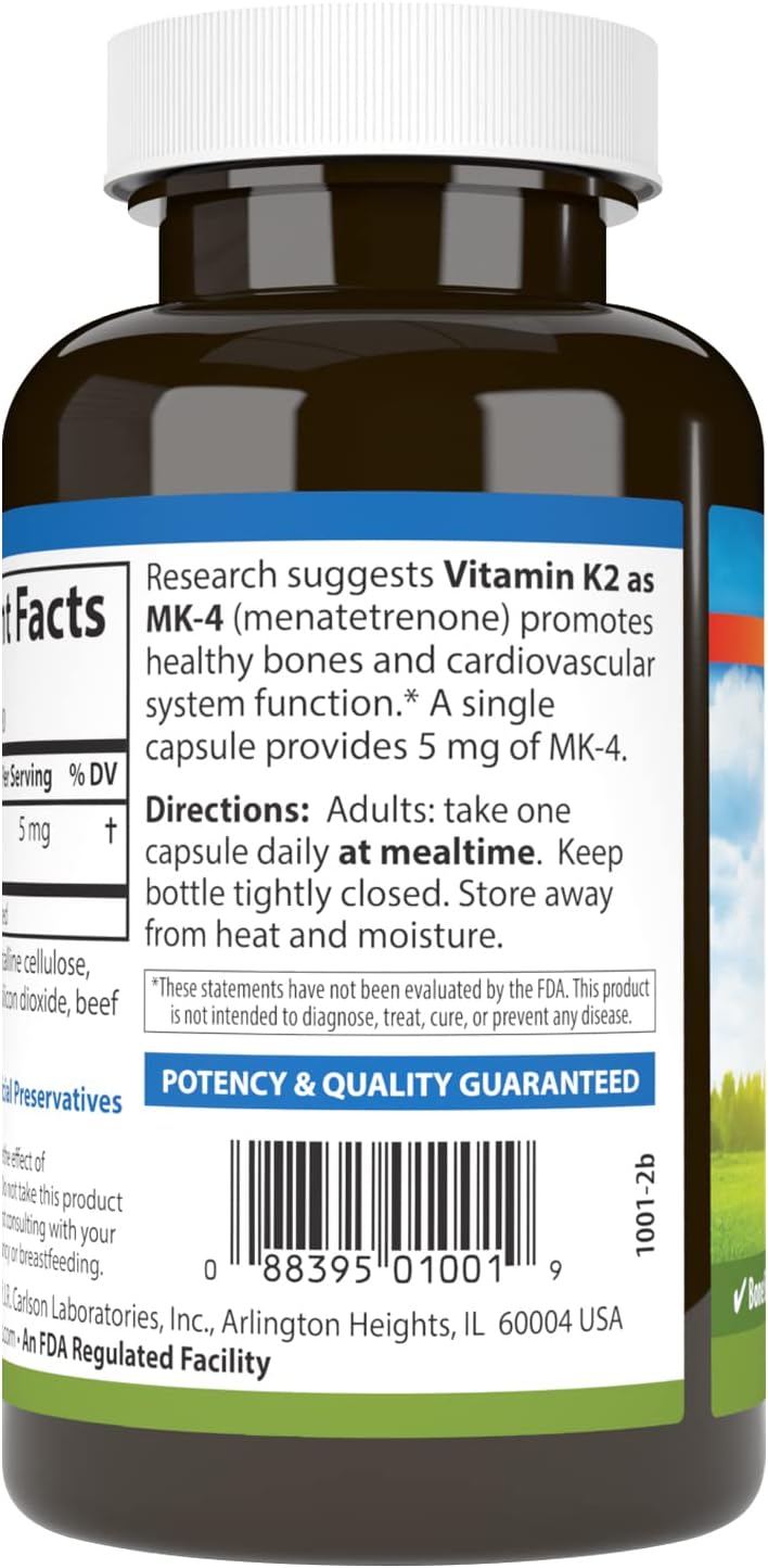 Carlson - Vitamina K2, MK-4 (Menatetrenona), Suplemento de Vitamina K, Salud Ósea y Cardíaca, Sin Soja, 180 Cápsulas