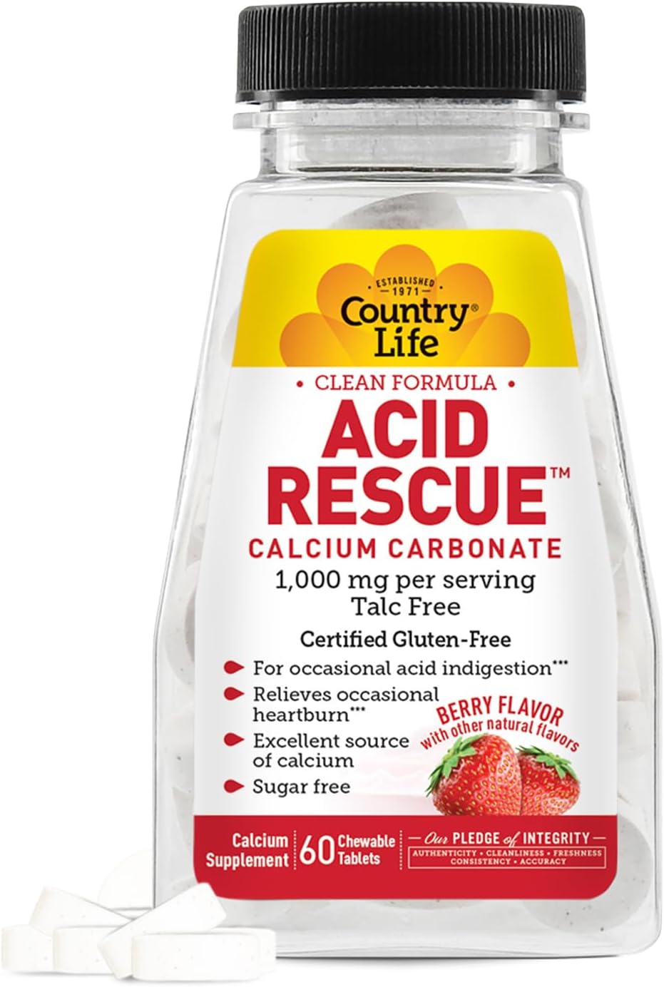 Country Life Acid Rescue Comprimidos Masticables - Alivio Rápido de la Acidez, 400mg Calcio y Magnesio, Vegano, Sin Gluten, 8 Envases (112 tabletas)