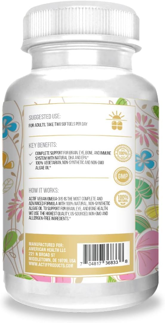 Actif Vegan Omega-3: Aceite de Algas de Alta Concentración, DHA y EPA Orgánicos, 90 Cápsulas