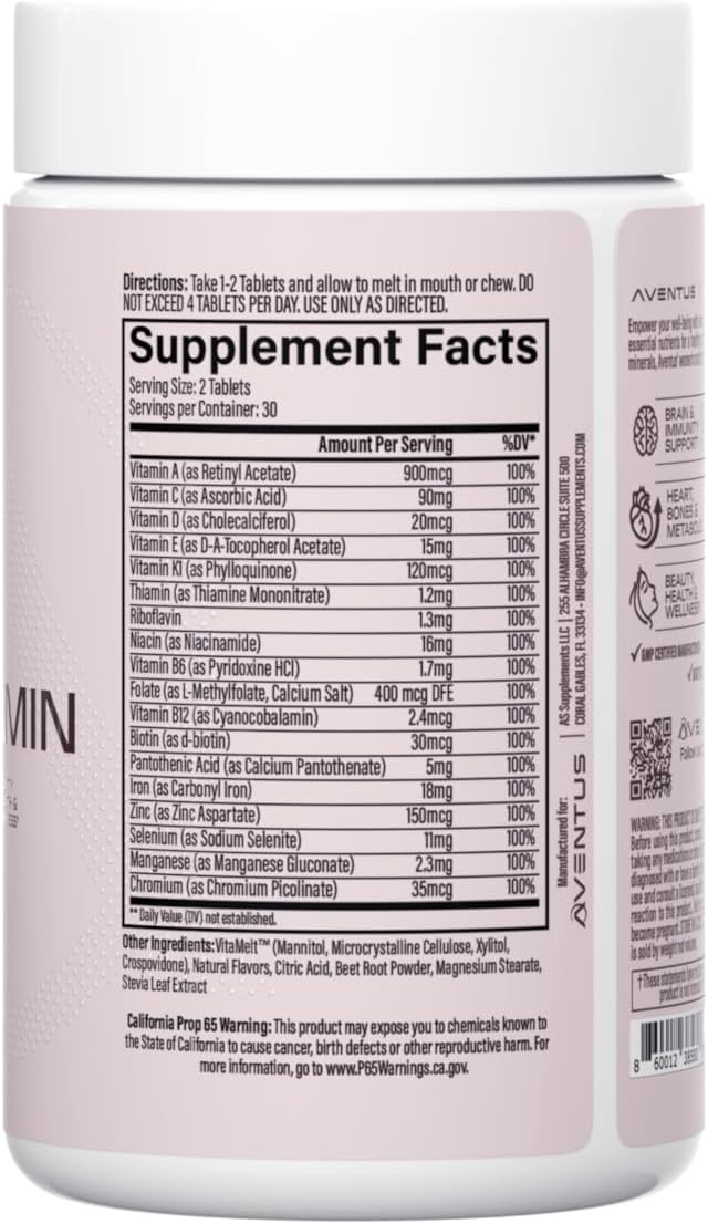 Aventus Women's Multivitamin - Multivitamínico para Mujeres con Hierro - Comprimidos de Fusión Sabor Cereza - 60 unidades (30 dosis)