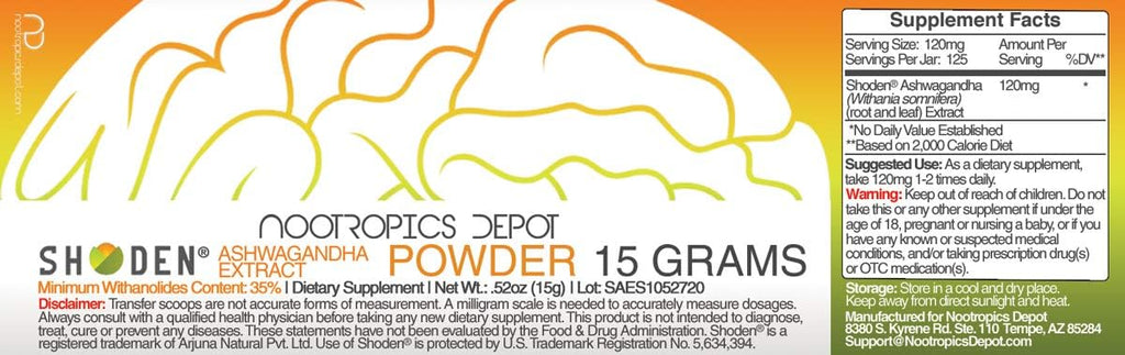 Nootropics Depot Shoden Ashwagandha en Polvo - 15 Gramos - 35% Withanólidos