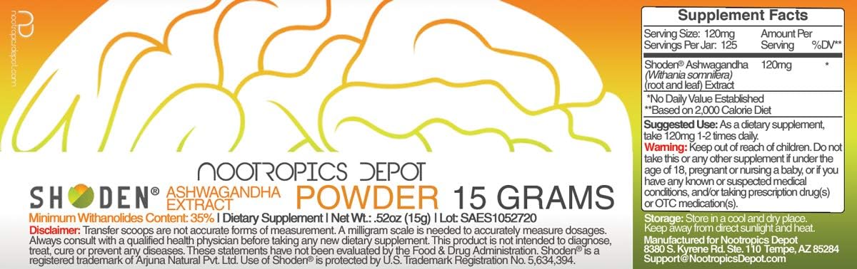 Nootropics Depot Shoden Ashwagandha en Polvo - 15 Gramos - 35% Withanólidos