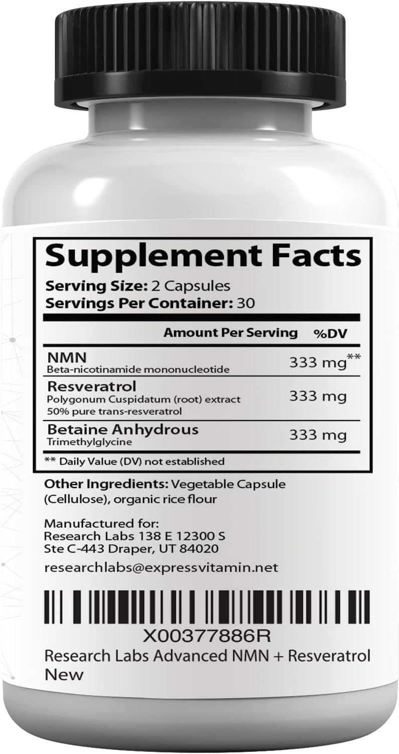 Research Labs Advanced NMN Resveratrol & Betaine (TMG) Longevity Formula
