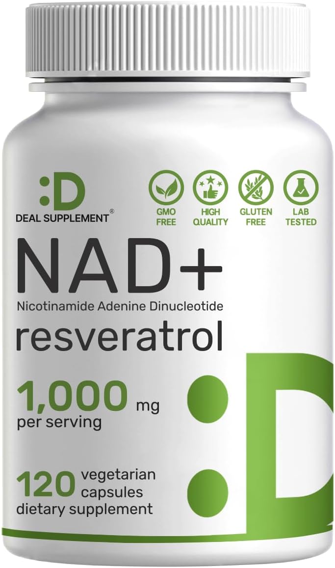 NAD+ Resveratrol 1.000mg por dosis, 120 Cápsulas Vegetales - 2 en 1 Suplemento de Potencia Extra, Alternativa al NMN, No Transgénico, Sin Gluten