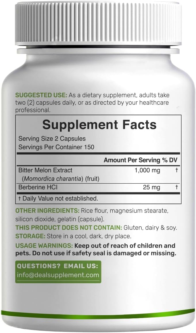 DEAL SUPPLEMENT Melón Amargo con Berberina, 300 Cápsulas - Extracto 15:1 y Berberina HCL, No Transgénico