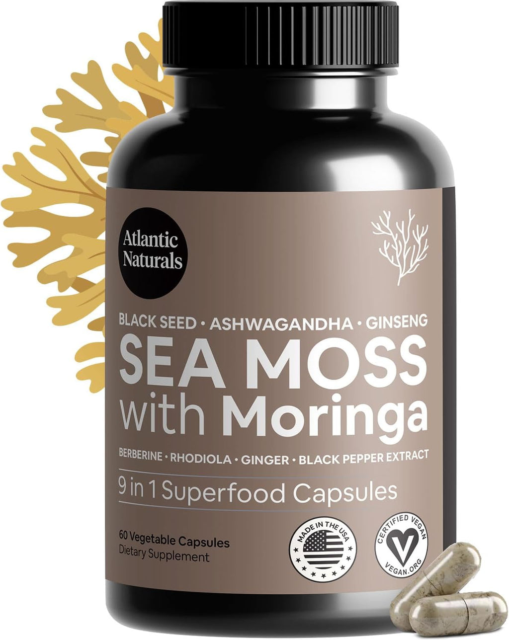 Sea Moss Capsules – Irish Sea Moss con Black Seed Oil, Ashwagandha, Moringa, Ginseng y Ginger – Suplemento Nutricional – 60 Cápsulas