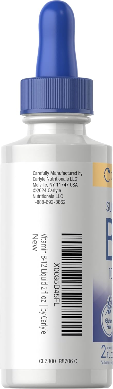 Carlyle Vitamina B12 Sublingual Líquida – 10.000 mcg – 60 ml – Cianocobalamina y Metilcobalamina – Sin Gluten y No-GMO